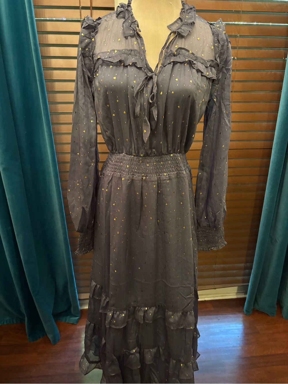 Polagram Dusty blue Maxi Dress with Gold Dot Accents